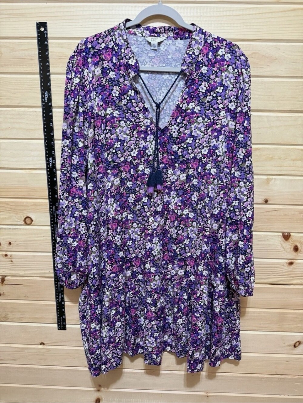 Crown & Ivy Purple Floral V-Neck Tiered Tassel Dress EUC Size XL #0256*